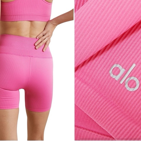 Alo Yoga pink 5” seamless ribbed Favorite shorts Activewear bike short Gym wear - Picture 1 of 10